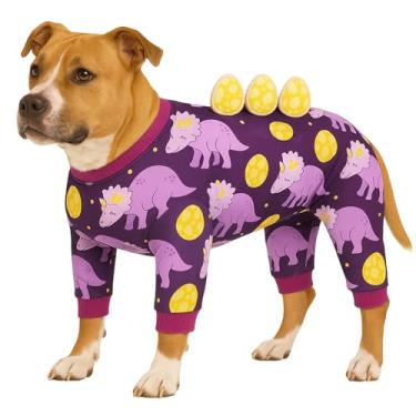 Imagem de LovinPet Pijama grande para cães, macacão elástico de quatro pernas, pijama leve com proteção UV, traje de recuperação calmante anti-lambe para cirurgia, pontas de ovo de dinossauro 3D, fácil de