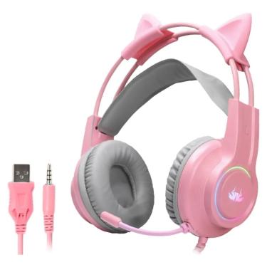 Imagem de Headset Gamer Fone Gatinho Rosa Com Led RGB P2 Knup KP-GA04