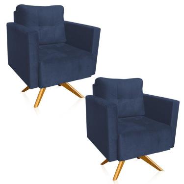 Imagem de Kit 2 Poltronas Giratória Livia Suede Azul Marinho Base De Madeira Ma30 - D'rossi