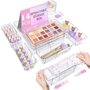 Imagem de Organizador de gaveta transparente extensível, 14 peças, caixa de armazenamento ajustável, organizador de gaveta de mesa de 3 tamanhos, caixas de armazenamento antiderrapantes para cosméticos, joias