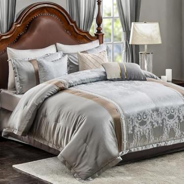Imagem de Bedduvit Luxuoso conjunto de edredom King Size sedoso com 7 peças – Conjunto de edredom King com estampa floral de jaquard macio, estampa de patchwork, cinza prateado, alternativo, com saia de cama