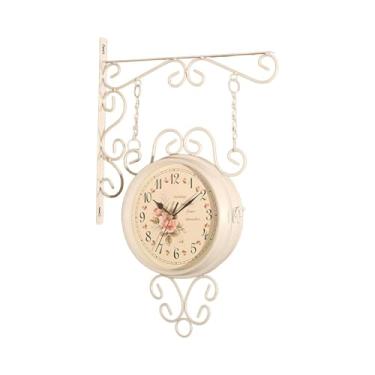 Imagem de Fenteer Relógio de parede redondo de dupla face, anti-taque, decoração para casa, design antigo, relógio de estação para corredor, quarto, casa, Branco