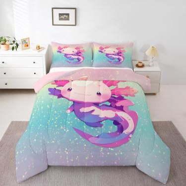 Imagem de Erosebridal Conjunto de edredom queen com axolote kawaii rosa, fofo, salamandra, arco-íris, ombré, animal, desenho animado, oceano, vida selvagem, 3 peças