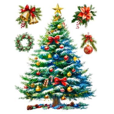 Imagem de beinkmake Decalque grande de parede de árvore de Natal com 4 peças, adesivo gigante de árvore de Natal com guirlanda de azevinho, bola colorida para decoração de janela de loja de festa em casa, 30 x