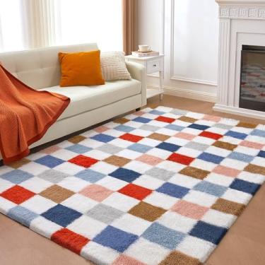 Imagem de Andency Tapete multicolorido de 2,5 x 25 m para sala de estar, clássico, xadrez, tapete felpudo antiderrapante, macio, macio, tapete felpudo para quarto, quarto de criança, berçário, sala de jogos