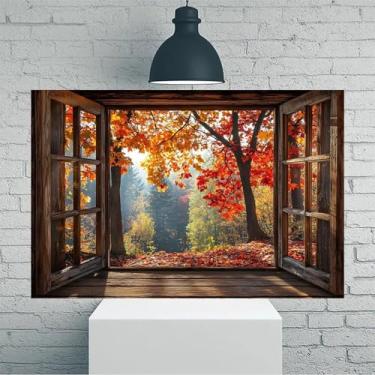 Imagem de Janela rústica outono floresta vintage arte de parede em tela rústica - Pôster sem moldura de 30,5 x 45,7 cm - Ideia de presente para decoração de casa e escritório para sala de estar, quarto, cozinha