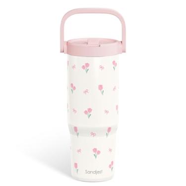 Imagem de SANDJEST Copo Tulipa de aço inoxidável com tampa de canudo de 850 g com alça de transporte para mulheres e meninas, copo de café isolado para viagem, presente para esportes, treino, Natal, aniversário