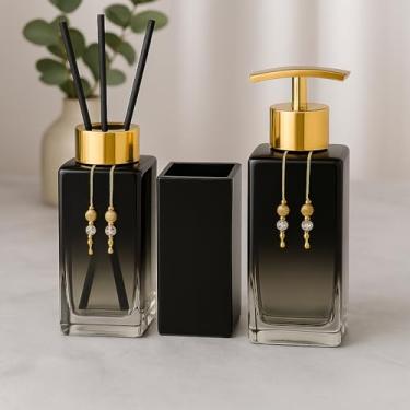 Imagem de Kit Banheiro Luxo Square – Sabonete Líquido, Difusor Aromatizante e Porta Escova de Vidro Decorativo 250ml (Preto Degrade C/Dourado)