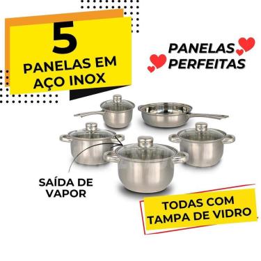 Imagem de Conjunto De Panelas 5 Peças Em Aço Inox Com Tampa De Vidro