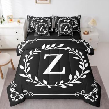 Imagem de Jogo de cama Queen com letra Z, 7 peças, preto e branco, boêmio, folhas florais, conjunto de edredom com lençóis, ramos minimalistas, presentes personalizados para mulheres e homens