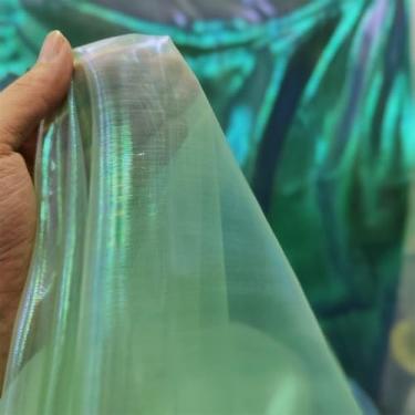 Imagem de Tecido de renda de organza gradiente a laser arco-íris mágico, tecido de gaze holográfico iridescente para vestido de casamento, cortina, fundo, festa, suprimentos de bricolage, decoração de casa