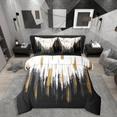Imagem de Conjunto de cama King abstrato preto e branco, 7 peças, para crianças e adultos, preto, cinza, amarelo, pinceladas, graffiti, pintura a óleo, conjunto com lençóis, moderno, arte abstrata, conjunto de