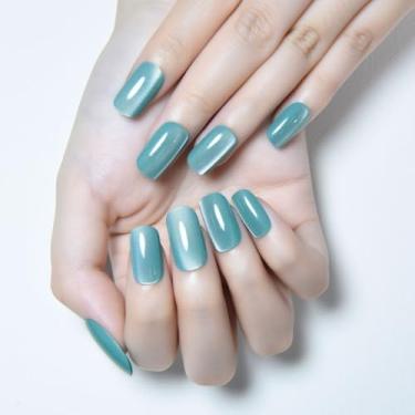 Imagem de Prensa olho de gato ciano claro nas unhas quadradas médias, quadradas médias, cola gelatinosa cromada, cromada, para mulheres, presente para mulheres, verde, holográfico, glitter, brilhante