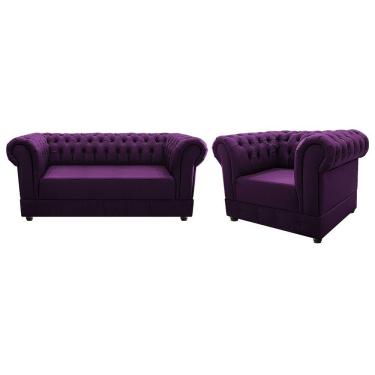 Imagem de Kit Poltrona e Namoradeira Chesterfield Ana Suede Roxo
