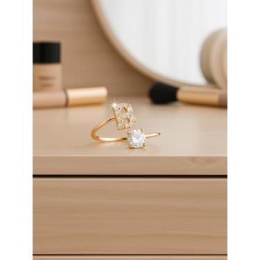 Imagem de Anéis para mulheres, simples, bonitos, empilháveis, conjunto para mulheres, moderno, anéis delicados, letras A-Z, ouro, One Size, Liga de aço, Sem pedra preciosa