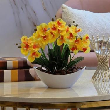 Imagem de Arranjo de Orquídea Artificial Planta Decorativa Vaso e Casca Polida(Amarelo)