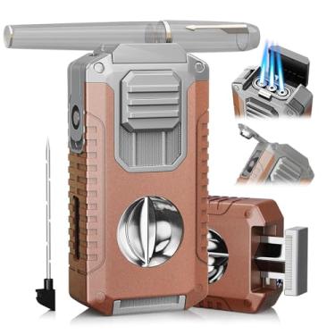 Imagem de Isqueiro 5 em 1 com acessórios multifuncionais, chamas de jato triplo (sem gás) (laranja prata)