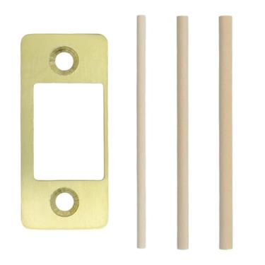 Imagem de Geesatis Placa de ataque restaurador de fechadura de aço inoxidável, placa de bloqueio de canto redondo com tiras de madeira, placa traseira universal para desalinhamento fácil de reparar porta