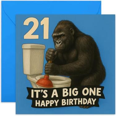 Imagem de Cartões masculinos divertidos de aniversário de 21 anos, design It's a Big One Gorilla on WC, para irmão sobrinho afilhado filho - quadrado, em branco por dentro com envelope premium