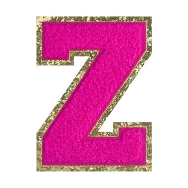 Imagem de 1 PÇ Patch de letra de chenille rosa de 11,4 cm com borda dourada – Remendos do alfabeto para roupas, jaquetas, mochilas, chapéus para decoração personalizada, nome personalizado e artesanato. (Z)