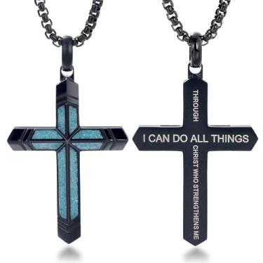 Imagem de GTMJ Colar de cruz masculino turquesa/malaquita/preto e dourado com pingente de cruz de proteção religiosa, joias presentes para mulheres, Medium, Aço inoxidável, Turquesa