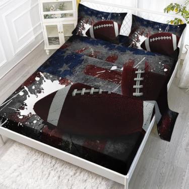 Imagem de Smell Sunshine Jogo de lençol solteiro com estampa da bandeira americana de futebol americano, 4 peças, para adolescentes, meninos, meninas, com 1 lençol de cima e 1 lençol com elástico + 2 fronhas