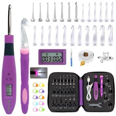 Imagem de Bybykoi Conjunto de agulhas de crochê iluminadas com 24 kits de crochê intercambiáveis, balcão digital, LED de 2 níveis, kit de tricô para iniciantes para contador de pontos e linhas