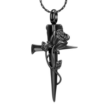 Imagem de constantlife Colar de urna com cruz para cinzas, pingente de flor rosa, joia de cremação para humanos/animais de estimação, pingente memorial para mulheres e homens, presente de simpatia para a perda