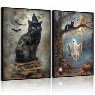 Imagem de RERNIE Conjunto de 2 arte de parede em tela de gato preto e fantasma de Halloween – decoração de parede gótica, impressões em tela assustadoras de Halloween Dark Academia, imagens de banheiro de