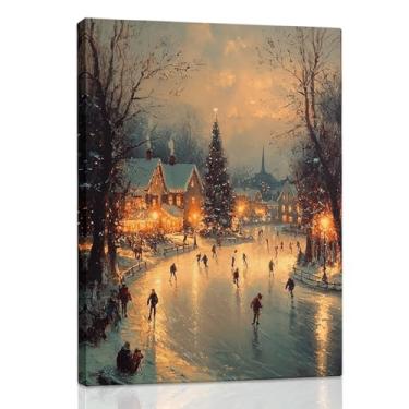 Imagem de RLTXBUK Cena de patinação no gelo de inverno, decoração de parede de Natal, decoração rústica de inverno, impressão em tela emoldurada vintage de vila natalina, pôsteres para casa, quarto, sala de