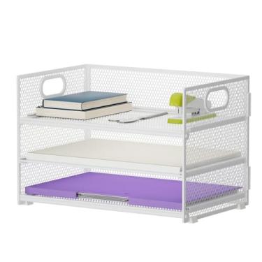 Imagem de Marbrasse Bandeja organizadora de papel de 3 camadas, organizador de arquivos de malha com alça, organizador de mesa para artigos de escritório em casa (branco)