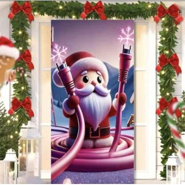 Imagem de Capa para Porta Feliz Natal Rosa com Elástico – Painel Decorativo Feliz Papai Noel Tecido Premiun (2,10 Cms X 0,85 Cms) (7)