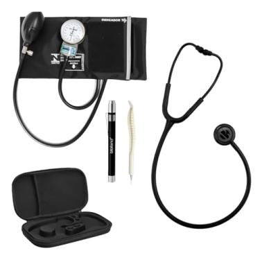 Imagem de Esfigmomonômetro PAMED Preto + Estetoscópio BIC Inox + Lanterna Em Luz Branca De Led + Estojo Case Luxo + Caneta De Osso (Preto Total)
