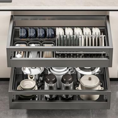 Imagem de Organizador de armário deslizante, gaveta deslizante de aço inoxidável para panelas, tigelas, utensílios de cozinha com utensílios de cozinha e bandeja ajustáveis, cinza - 475 x 420 x 150 mm