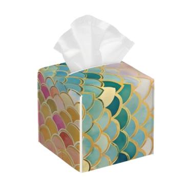 Imagem de Suporte quadrado de couro para caixa de lenços de papel, impermeável, escamas de peixe, colorfu, organizador de papel facial com cinto inferior, estojo de lenços para mesa, banheiro, escritório, mesa