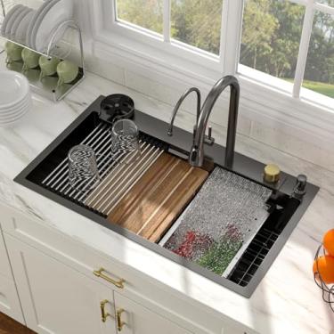 Imagem de Pia de cozinha preta com cascata de 83 cm para estação de trabalho inteligente, pia de cozinha, 83 x 48 cm, 16 calibres, tigela única, conjunto de pias multifuncionais e torneira de cachoeira com