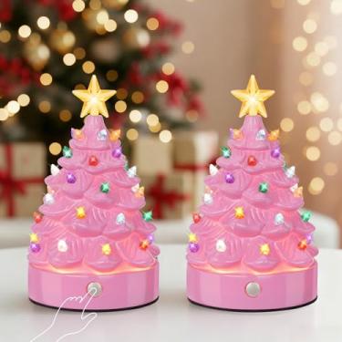 Imagem de Brightever Pacote com 2 luminárias de árvore de Natal de mesa, recarregáveis, de 17,78 cm A, lâmpadas de mesa inquebráveis com lâmpadas multicoloridas, controle de toque, decorações clássicas de Natal