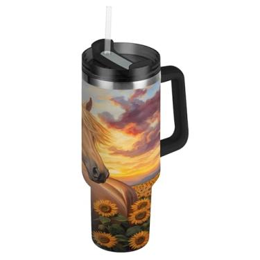 Imagem de SEHANY Copo Majestic Horse de 850 g com tampa e canudo, aço inoxidável de vácuo duplo isolado garrafa de água esportiva suporte de copo de café de viagem à prova de vazamento para bebida gelada