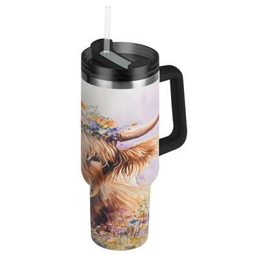 Imagem de SEHANY Copo Highland Cow 1,134 g com tampa e canudo, aço inoxidável de vácuo duplo isolado garrafa de água esportiva suporte para copo de café de viagem à prova de vazamento para bebida gelada