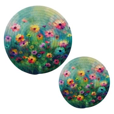 Imagem de Blueangle 2 peças de suporte de panela para pintura de flores coloridas - conjunto de pegadores de panela de tecido redondo - almofadas quentes trançadas de algodão - porta-copos - tapetes de mesa