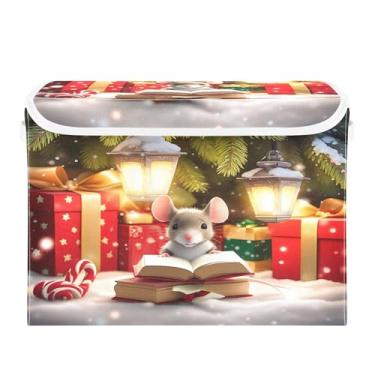 Imagem de SEHANY Cestas fofas de armazenamento de rato de Natal com tampas, organizador de caixas de armazenamento de tecido para armário de roupas, cobertor de escritório, berçário, 42 x 32 x 30 cm