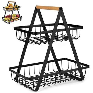 Imagem de Fruteira Cesto Duplo Aramado Organizador Fruta Legume Bancada Mesa Cozinha Multiuso Armario Escritorio Estante Moderno