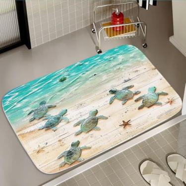 Imagem de Ocean Beach Náutico Tropical Sea Turtle Tapete de banho rústico de madeira para banheiro Tapete de porta antiderrapante com suporte de borracha tapete absorvente de espuma viscoelástica tapete de