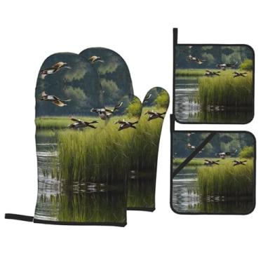 Imagem de Hunting Flying Wild - Conjunto de luvas de cozinha com suportes de tampa, luvas de forno resistentes ao calor para lidar com panelas quentes, grelhar, churrascos, kit de 4 peças.