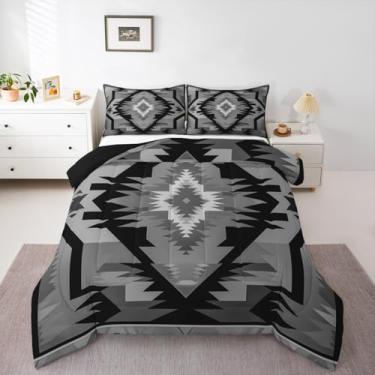 Imagem de jejeloiu Conjunto de edredom boêmio asteca, tamanho solteiro, cinza, casa de fazenda, estilo exótico, para meninos e meninas, adolescentes, tribal, nativo americano, indiano, edredom para decoração de