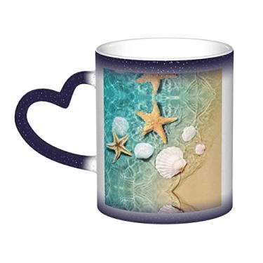 Imagem de Caneca de café divertida com estampa de estrela do mar e concha, copo de cerâmica com mudança de cor sensível ao calor 12 onças, para café/chá/leite/cacau, para adolescente/aniversário/festival