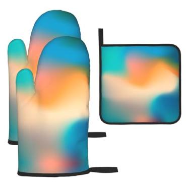 Imagem de Conjunto de cozinha essencial de 3 peças com estampa gradiente dinâmica, luvas e aderência para tampa, proteção para churrasco no forno, design de armazenamento suspenso.