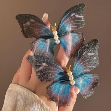 Imagem de Clipe de cabelo borboleta pérola de malha, pino de cabelo lateral com fecho de bico de pato, acessório de cabelo feminino elegante (azul)