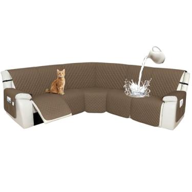 Imagem de Arfntevss Capas de sofá reclináveis 1OO% à prova d'água, em forma de L, para reclináveis, em forma de L, para cães, lavável, protetor de móveis antiderrapante (5 lugares, marrom claro)
