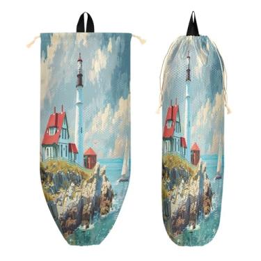 Imagem de xigua Suporte de parede para saco de plástico Lighthouse com cordão 1 pacote, organizador de sacolas de supermercado reutilizável para bolsas, meias, roupas íntimas e gravatas